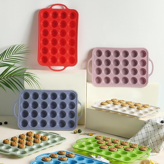 Socisen 24 Cups Silicone Muffin Pan with Metal Reinforced Frame Mini Size Cupcake Pan Tray Egg Bites Silicone Circle Cookie Molds Little Small Muffin Tin Tart Pans Baking Sheet Set for Sandwiches