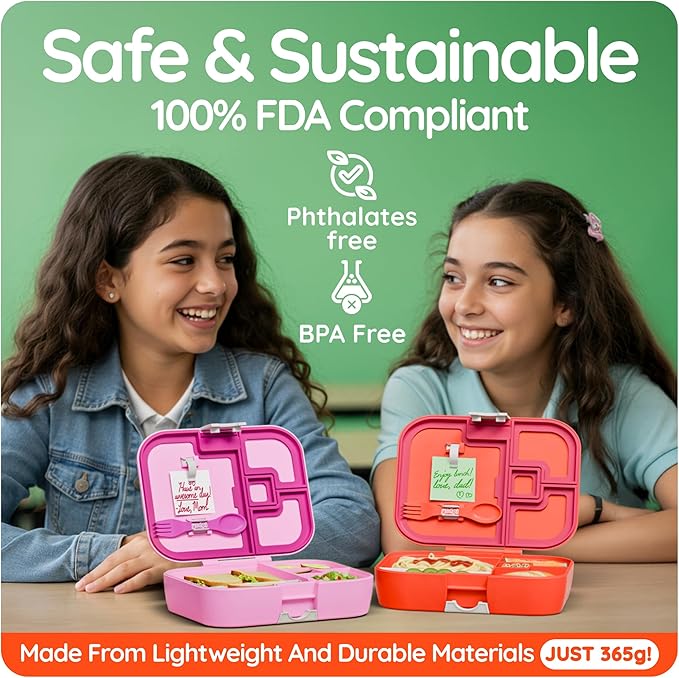 YOOPI Lunch Boxes for Kids – Toddler Bento Box with 4 Compartment Food Container, Lunch Box for School, Leakproof Lunchbox Containers, Sandwich Box, Lightweight Snack Box, Durable,Easy Open (Pink)