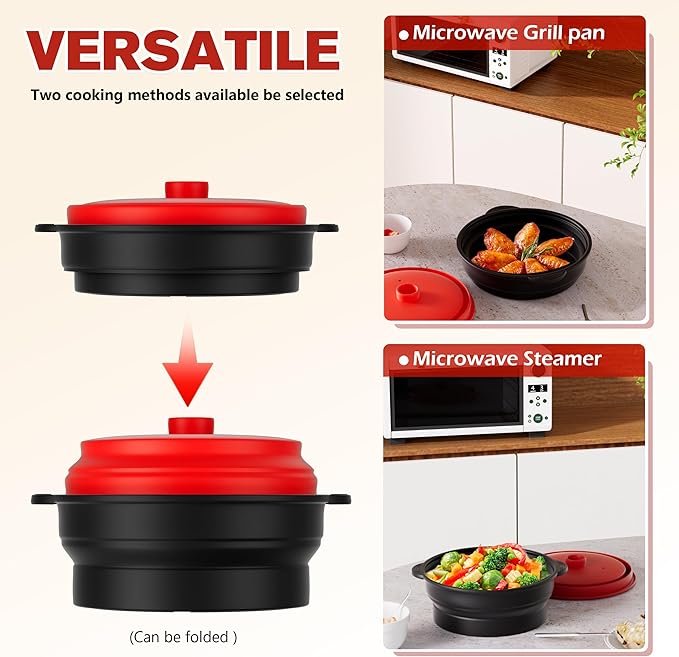 Microwave Steamer for Vegetables | Microwave Grill Pan & Steamer Bowl | Microwave Silicone Cookware | Microwave Popcorn Popper | Dishwasher Safe