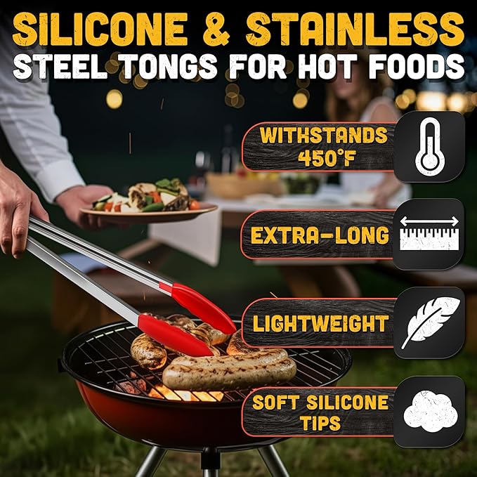 Kitchen Salad Tongs for Serving 17.3" - Heat-Resistant Extra Long Tongs with Silicone Tips for Convenient Flipping Food on BBQ - Stainless Steel Long Tongs for Grabbing & Cooking & Grilling