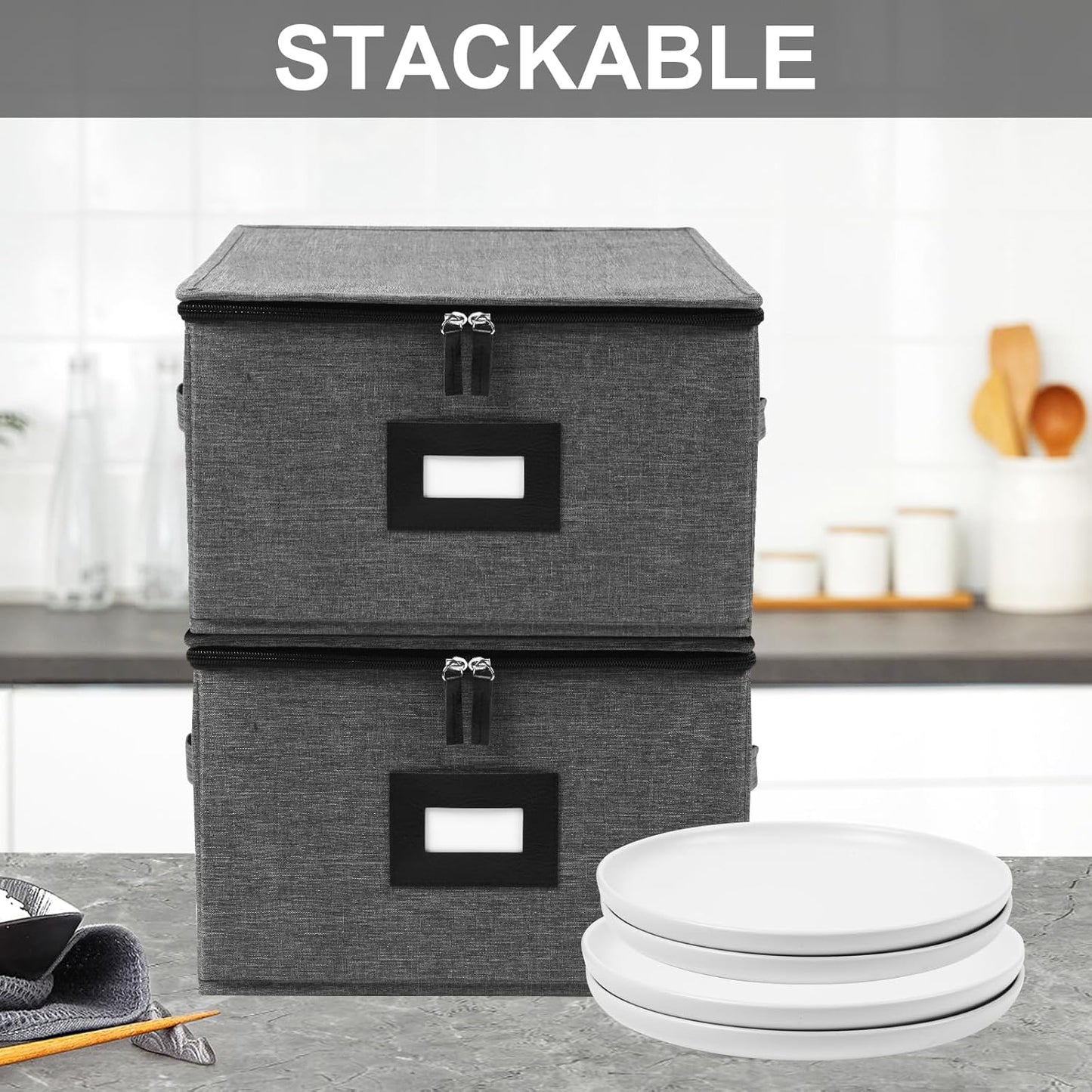 Mayniu China Storage Containers Hard Shell, 13" Charger Plates Storage Containers for Dishes, Stackable Dinnerware Storage with 24 Felt Dividers (2 Pack Black)