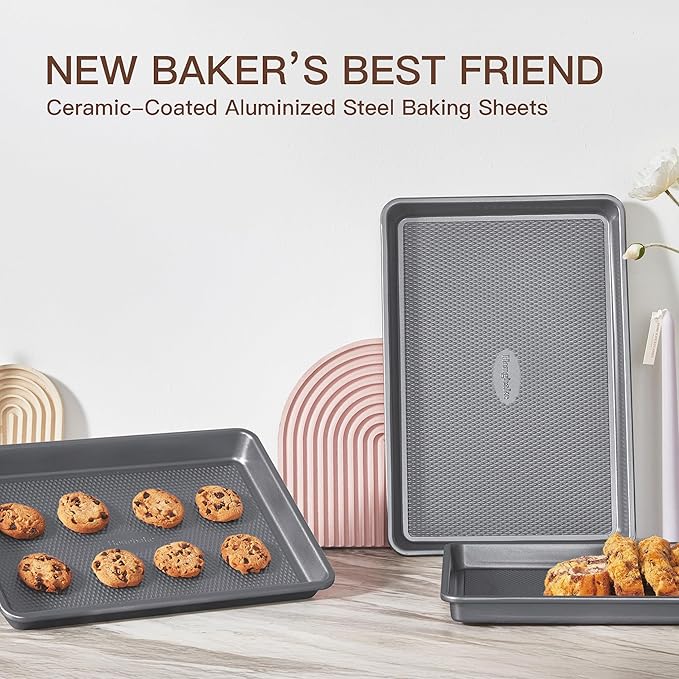HONGBAKE 3 Pack Nonstick Ceramic Baking Sheet Pan Set for Oven, Non-Toxic Half/Quarter/Jelly Roll Pans with Diamond Texture, 0.8mm Aluminized Steel Cookie Trays for Cooking, Charcoal Gray