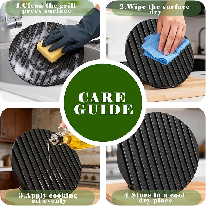 2.2lbs Heavy-Duty Griddle Press for Bacon Burger Steak Meat Paninis Burger Bacon Vegetables, Cast Iron BBQ Grill Press for Weber Blackstone Camp, Food Press for Cooking Round Wood Handle