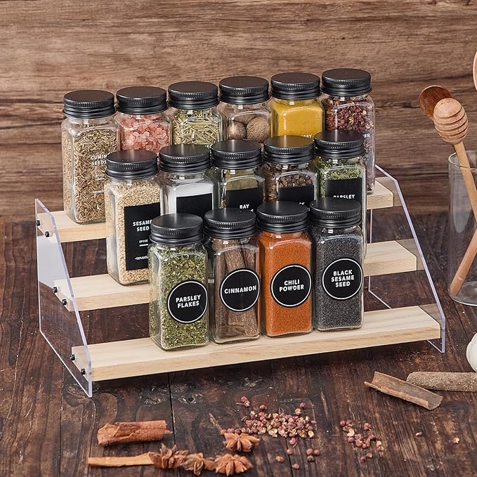 48 Glass Spice Jars with 576 Labels-Spice Jars with Black Metal Caps, 4oz Empty Square Spice Containers with Shaker Lids, Funnel, Pen, Seasoning Bottles for Spice Rack, Drawer, Cabinet