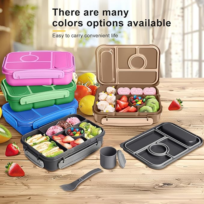 Amathley Bento Box Adult Lunch Box Kids,Lunch Containers for Adults/Kids/Toddler,5 Compartments Bento Lunch Box with Sauce Vontainers,Microwave & Dishwasher & Freezer Safe,BPA-Free (Dark Gray)