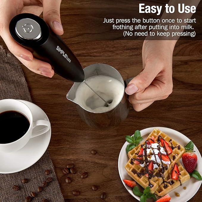 SIMPLETASTE Milk Frother Handheld Electric Foam Maker, Drink Mixer with Stainless Steel Whisk for Cappuccino, Bulletproof Coffee, Latte, Black, with Stand, Battery Operated