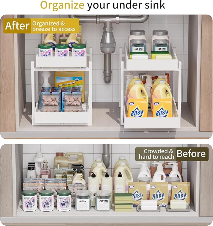 Bamboo Wood Under Sink Organizer 2 Pack, Pull Out Cabinet Organizer 2 Tier Under Sink Organizers and Storage with Sliding Drawer Sturdy Easy Assembly for Kitchen Bathroom (White)