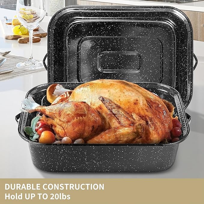 21Inch Roasting Pan, Extra Large Rectangle Roasting Pan With Rack, 25lb Capacity, Large Roaster pan for Baking Turkey, V-Rack and Versatile Lid Bone Turkey Baster by DIMESHY
