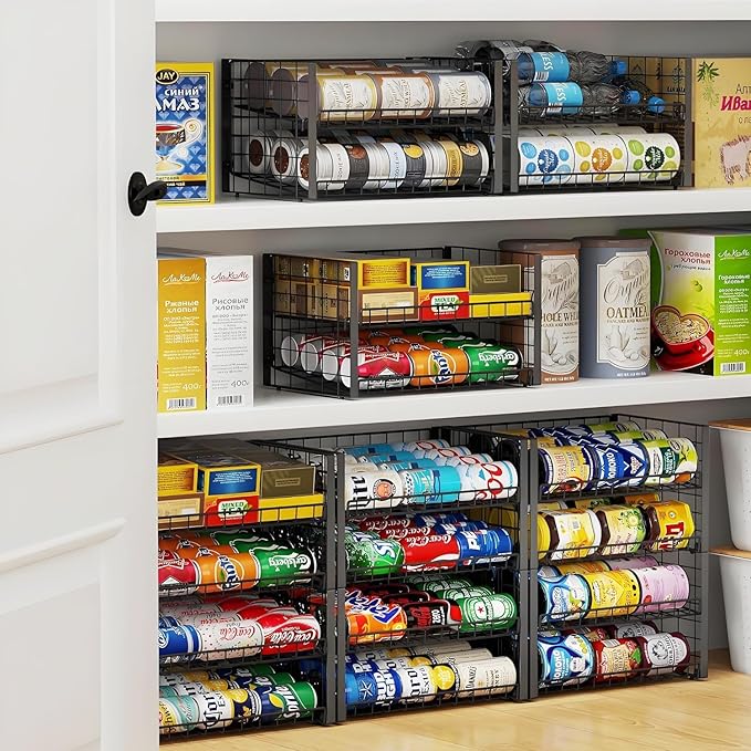 JKsmart 2-Tier Stackable Rack Organizer for Pantry, Adjustable Dispenser Holds Up to 120 Cans, Storage Holder for Various Ounces of Canned Drinks, Black, 4 Pack