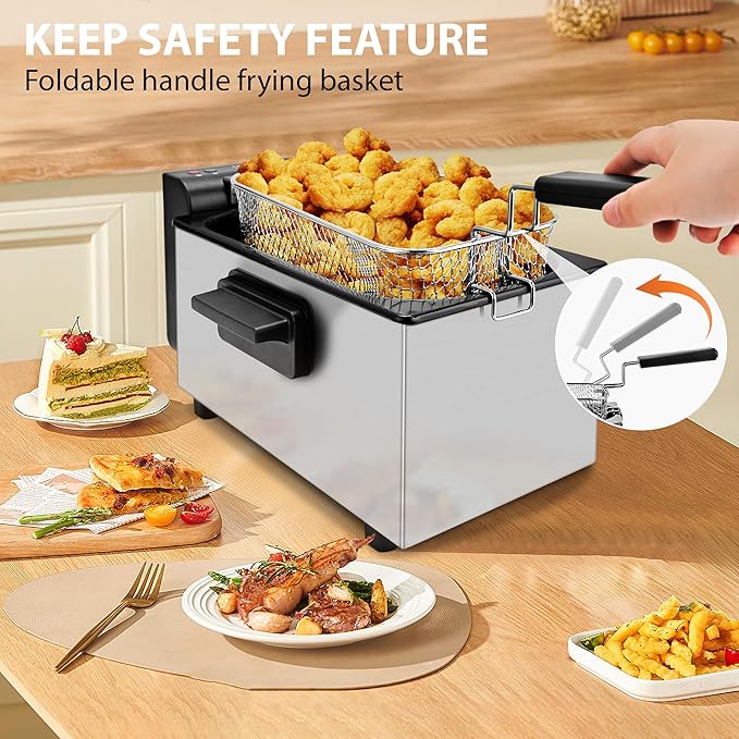 Pukomc Deep Fryer 3 Liter Capacity,1500W Oil Fryer with Adjustable Temperature,Viewing Window,Detachable Frying Basket,Made of Stainless Steel Material and Easy to Clean