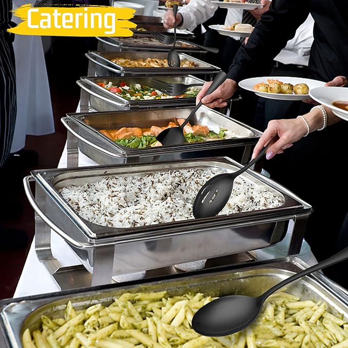Large Black Serving Utensils Set of 12, E-far Stainless Steel 9.8 Inch Serving Spoons Slotted Spoon, 9.9 Inch Forks, 9.4 Inch Tong for Buffet Catering, Mirror Finish & Dishwasher Safe