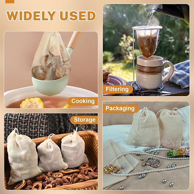 20 Pcs Muslin Bags with Drawstring, Reusable Tea Bags, Spice Bags for Cooking Soup/Herb/Loose Leaf Tea, Natural Cotton Cheese Cloth Bag for Straining, Sachet Bags Empty, 6 x 4 Inches
