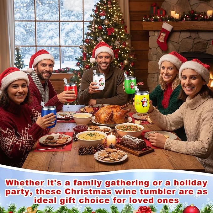 Sliner 16 Pcs Christmas Funny Wine Tumbler Spoon Set 12 Oz Stainless Steel Tumbler with Straw Brush Double Wall Insulated Travel Coffee Mug for Christmas Xmas Party Decorations Holiday Gift (Colorful)