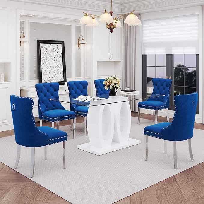 63" Glass Dining Table Set for 6, 7-Piece Rectangular Kitchen Table with Tempered Glass Top, White Double O-Shaped MDF Base, and 6 Blue Velvet Upholstered Chairs for Dining Room, Living Room, Office