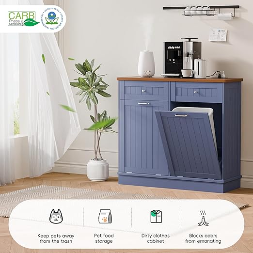 Betterhood Double Tilt Out Trash Cabinet with Power Outlet, 10 Gallon Trash Cabinet with Storage,Pet Proof Trash Can with 2 AC & USB Sockets for Kitchen,Living Room (Blue, Double Door)