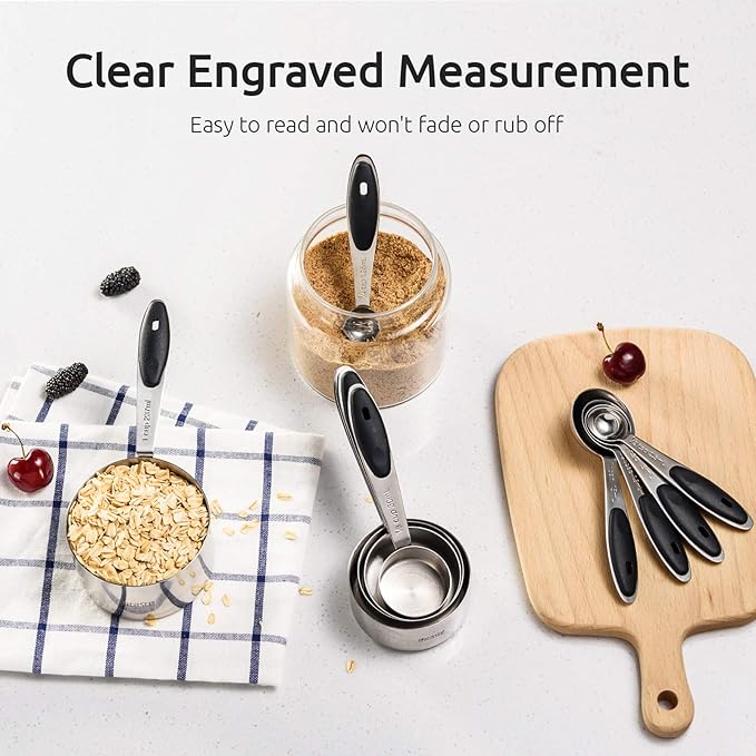 U-Taste 18/8 Stainless Steel Measuring Cups and Spoons Set of 10 and 600ºF Heat Resistat Silicone Flexible Baking Spoon Spatula & Cooking Scoop Spoonula (Black)