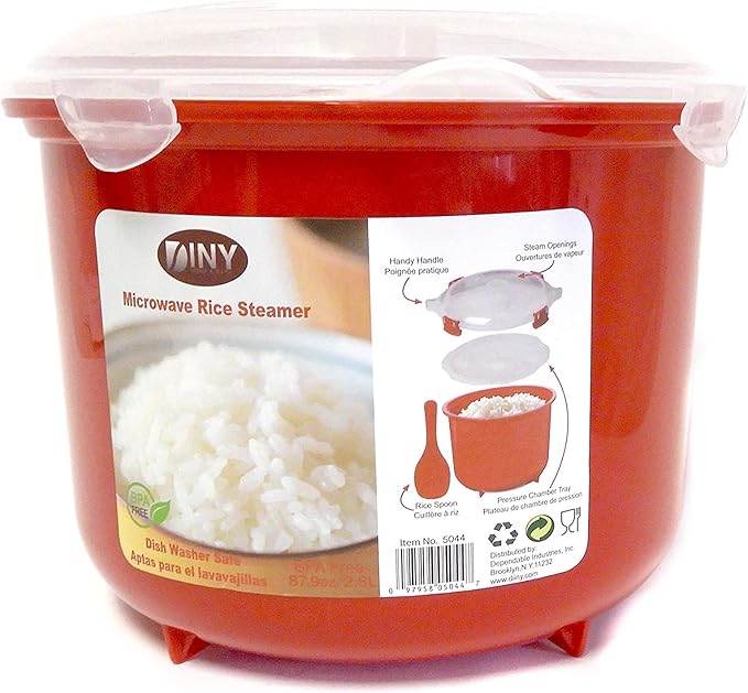 Microwave Rice Steamer Cooker BPA-Free – 2.6L (87.9oz) Red Rice Maker with Lid and Spoon – Dishwasher Safe Microwaveable Cooker for Basmati, Spanish, Indian Rice, Pasta, Ramen, and Vegetables