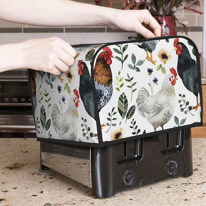 Summer Rooster Covers for Toasters 4 Slice,Cute Funny Bread Machine Cover with Handle,Washable Stain Resistant Kitchen Small Appliance Cover Dining Decor
