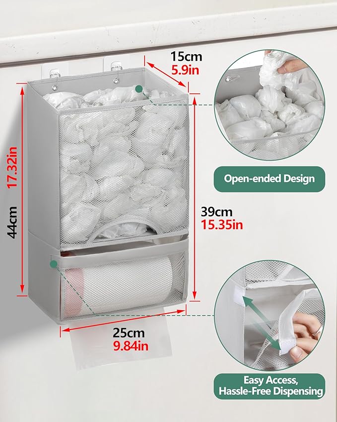 Bag Saver - Extra Large 2 in 1 Plastic Bag Holder Storage, Durable Mesh Grocery Hanging Trash Dispenser Roll Organizer for Home Kitchen/Bathroom/Laundry, Multi-purpose for Daily (Light Grey)