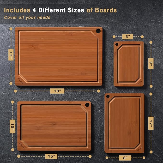 Hiware 4 Pieces Extra Large Wooden Cutting Boards Set- Bamboo Cutting Boards for Kitchen Meal Prep & Serving, Cutting Board with Deep Juice Groove & Built-in Handles, Charcuterie & Chopping Board