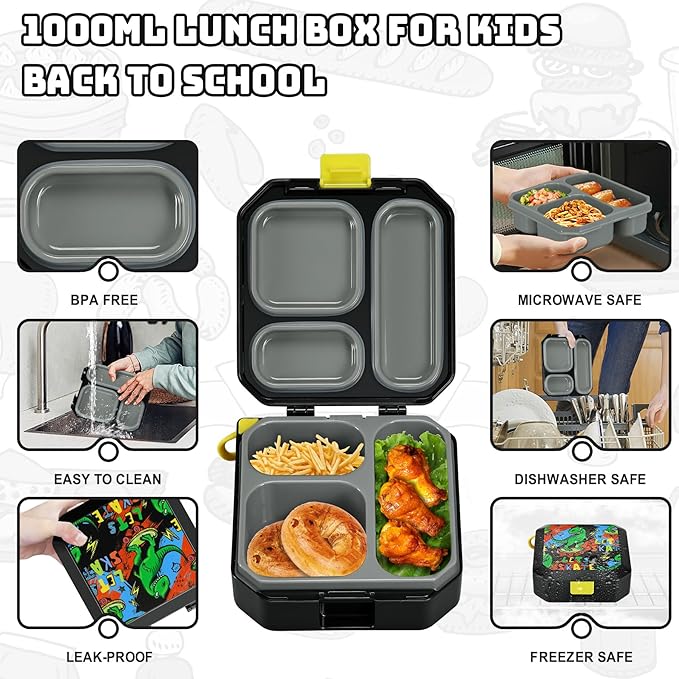 Itslife Bento Lunch Box Set for Kids with 12oz Soup Thermo&Lunch Bag, Leak-Proof Lunch Food Containers for Kids School, 5 Compartment, Sauce Cup, 10 Notes (Dinosaurs Black)