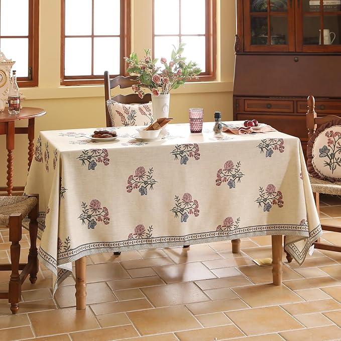 ISAENNE Designer Linen Light Beige Small Rectangle Tablecloth,French Colorful Floral Table Cloth,Stain Resistant Decor Tablecloths for Dining Thanksgiving Christmas Kitchen,55"*71"-Helena E