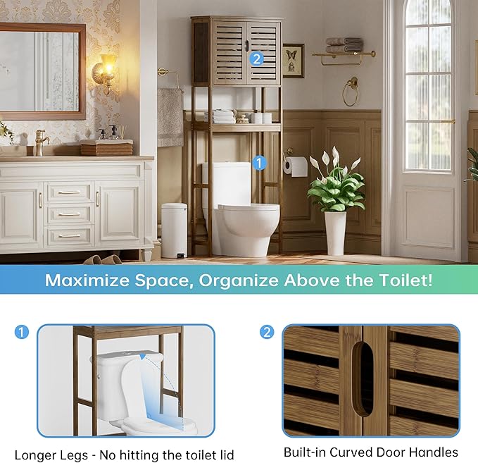 SMIBUY Bathroom Storage Shelf with Cabinet, Bamboo Over-The-Toilet Organizer Rack, Freestanding Toilet Space Saver with 3-Tier Adjustable Shelves (Walnut)