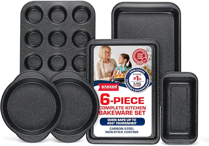 BAKKEN 6-Piece Kitchen Baking Pan Set - Commercial Grade Carbon Steel Bakeware, With Nonstick Coating, Stackable and Space-saving Design, PFOA, PFOS, PTFE Free, Oven Safe (Up To 450°F), Gray Marble