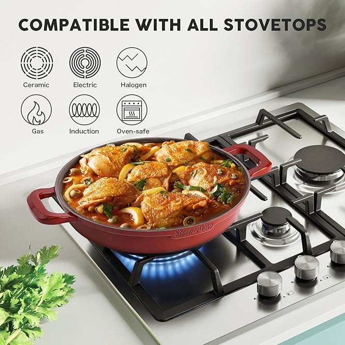Non-Stick Frying Pan/Skillet 11", 3QT Tagine Pan,Cast Aluminum Pans with Lid, Stove/Oven-to-Table Cookware, Dishwasher Safe& Compatible with All Stovetops（Red）