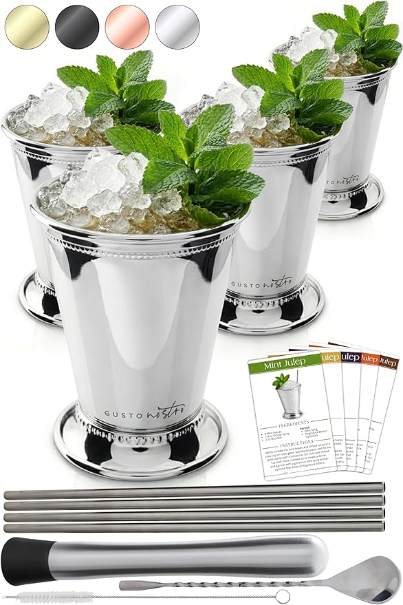 Gusto Nostro Mint Julep Cups Set of 4 - Stainless Steel Julep Cup Kit with Straws, Muddler, Spoon,Recipes, Vases - Southern-style Cocktail Glasses for Home Bar - Stainless Steel Cocktail Cups (Silver)