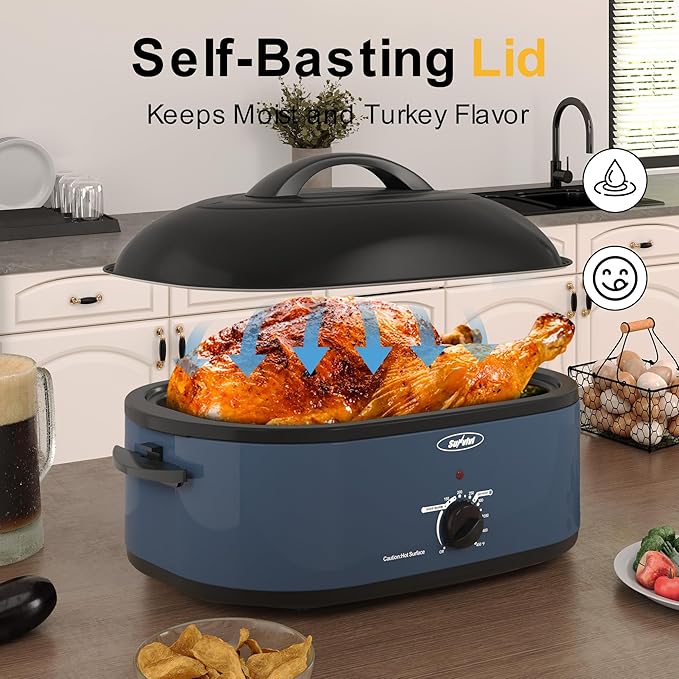 Sunvivi Roaster Oven, Electric Roaster Oven with Self-Basting Lid, 24lb 20-Quart Turkey Roasters with Unique Defrost/Warm Function, Large Roaster with Removable Pan & Rack, Stainless Steel, Blue