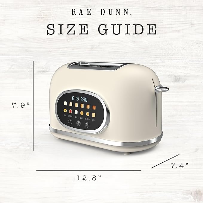 Rae Dunn Retro Digital Electric Toaster, 2 Slice Stainless Steel Toaster With Touchscreen, Countdown Timer, 6 Shade Settings, Wide Slots, High Lift Lever, Bagel, Defrost & Reheat, Digital Cream