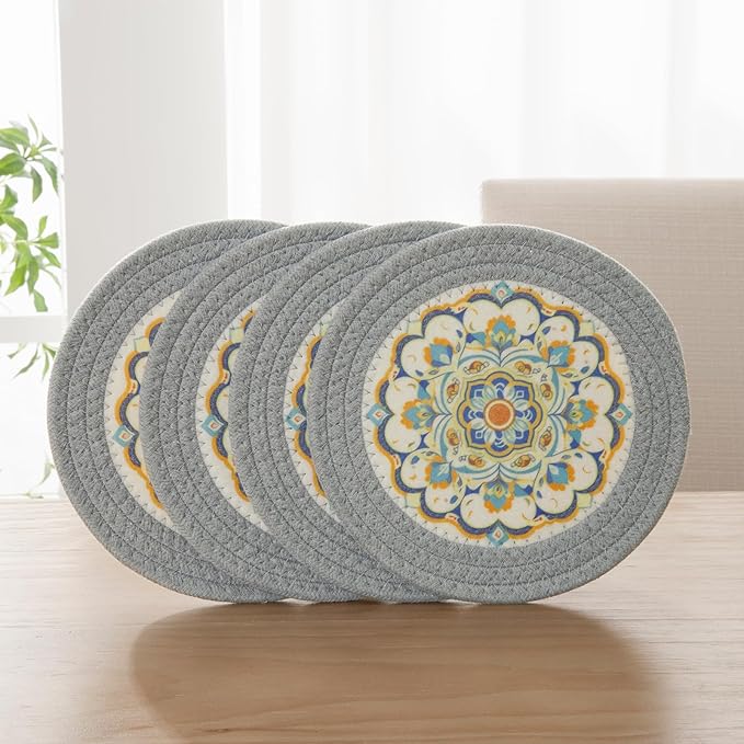 SHACOS 8 Inches Trivets for Hot Dishes, 4 Pieces Cotton and Felt Floral Pattern Trivets Mats for Kitchen, Hot Pads for Countertops, Heat-Resistant Pot Holders for Hot Pots and Pans (Grey, 4pcs)