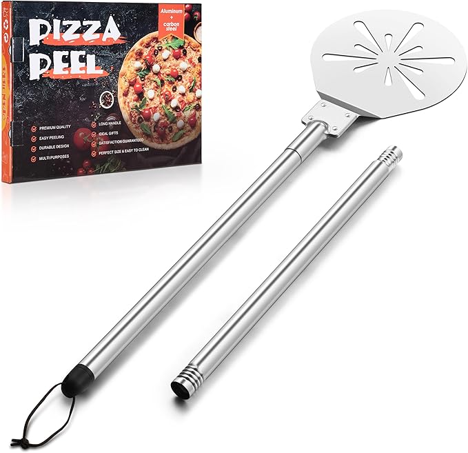 Stainless Steel Pizza Turning Peel 8-Inch, HaSteeL Round Pizza Turner Paddle, Perfortaed Pizza Spinner Spatula with Long Detachable Handle, Dishwasher & Oven Safe