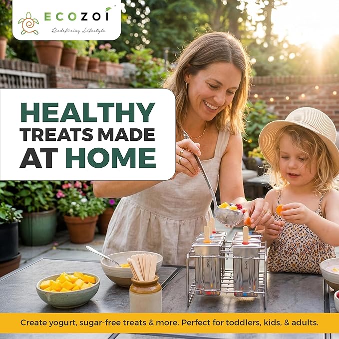 Ecozoi Stainless Steel Popsicle Molds and Rack - 6 Square Ice Pop Makers + 30 Reusable Bamboo Sticks + 12 Silicone Seals + 1 Cleaning Brush +1 Rack