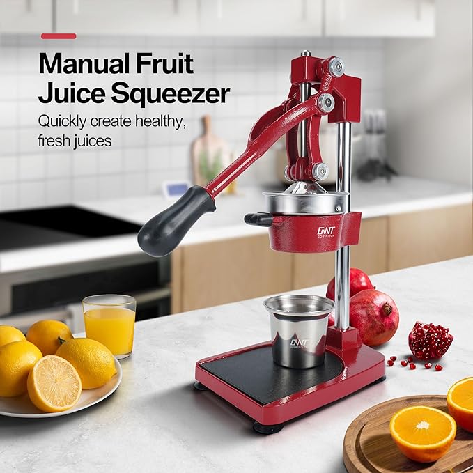 18 Inch Height Commercial Heavy Duty Cast Iron Hand Press Manual Orange Citrus Lemon Lime Grapefruit Pomegranate Fruit Juice Squeezer Machine with Stainless Steel Cup and Durable Base Red