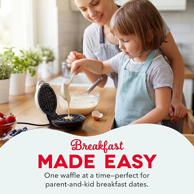 Dash Mini Waffle Maker- Compact Electric Iron for Creative Homemade Treats - PTFE nonstick surface - Easy-to-Clean - Perfect for Kids & Families - White