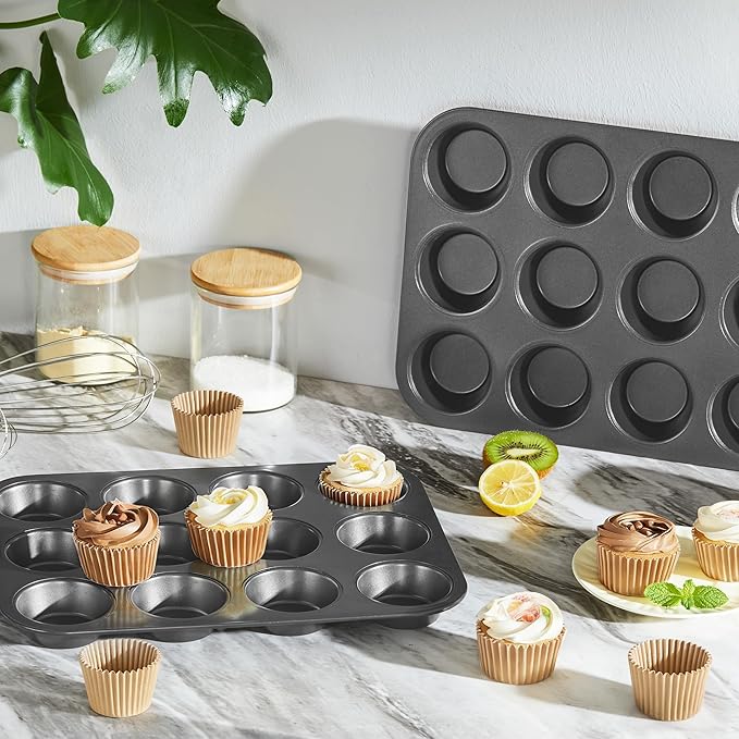 HONGBAKE Muffin Pans with 120 Natural Liners, Nonstick 12 Cup Cupcake Baking Tray, Premium Standard Size, 2 Pack, Dark Grey