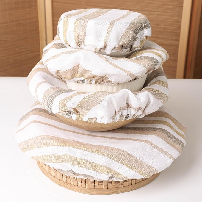 100% Linen Bowl Covers Reusable For Bread Proofing, 4 Pcs Elastic Cloth Fabric Colorful Stripe Bowl Covers, 5.9*7.9*9.8*11.8 Inches, Colorful 1