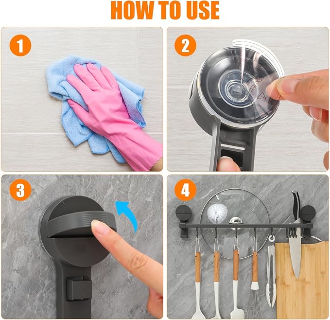 No Drill Kitchen Utensil Rack with 10 Hooks : Wall Mounted Suction Cup Holder for Hanging Spoons Towels Tools - Adjustable Double Rod Organizer for Kitchenware Storage