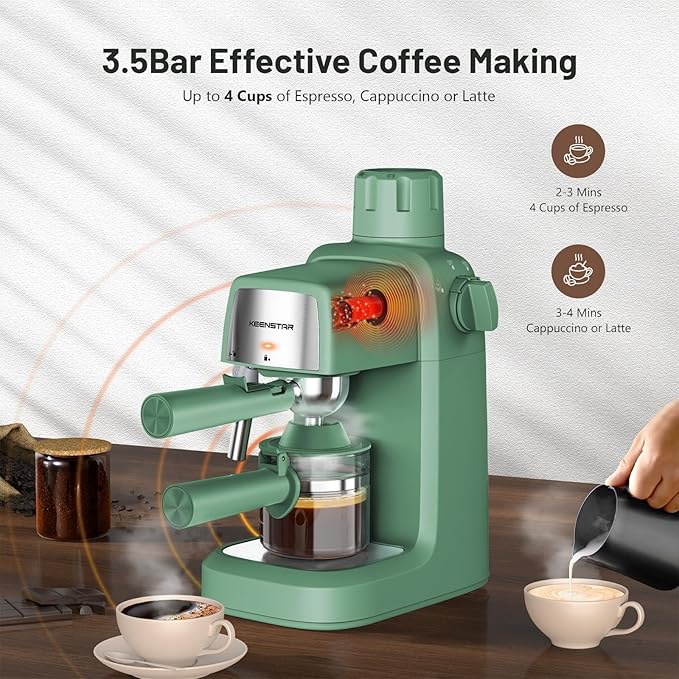 KEENSTAR 3.5Bar Espresso Machine with Milk Frother, 800W Compact Espresso and Cappuccino Machine with Preheating Function, 4 Cup Espresso Maker for Cappuccino or Latte, Gift for Coffee Lover