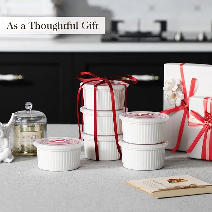 MALACASA Ramekins with Lids 8 oz - Set of 6, White Porcelain Creme Brulee Souffle Ramekins with Covers, Ceramic Custard Cups for Baking, Dishwasher and Oven Safe, Series RAMEKIN-DISH