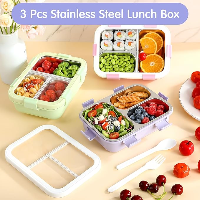 LemonRoad 3 Pcs 304 Stainless Steel Bento Box 24 oz Metal Lunch Box with Spoon Fork 3 Compartment Transparent Lid Dishwasher Safe Leakproof Food Fruit Snack Container for Office Travel (Pastel)