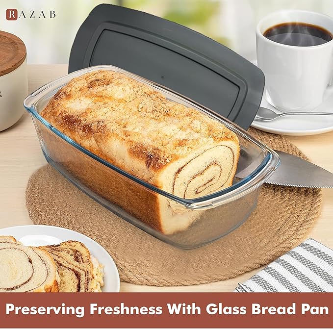 Razab LARGE 7.6 Cups/1800 ML/1.9 Qt Glass Loaf Pan with Lids - Meatloaf Pan BPA free Airtight Lids Grip Handle Easy Carry, Microwave and Oven Safe - Loaf Pans For Baking Bread, Cakes, Glass Loaf Pan