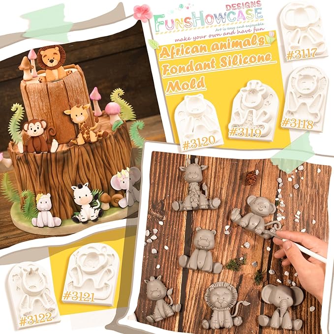 FUNSHOWCASE Jungle Animals Fondant Silicone Molds Sugarcraft Cake Decoration 6-count Height 2.6-3.6inch