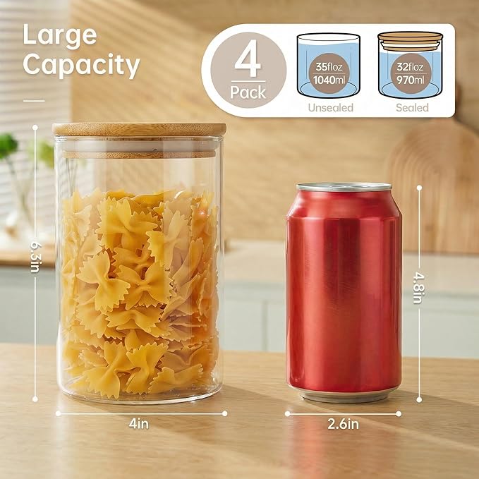 32oz - 4 Pack Glass Jars with Bamboo Lids, Glass Pantry Storage Containers with Airtight Lids, Round Air Tigh Food Storage Canisters for Cereal, Pasta, Flour, Sugar, Rice, Best for Kitchen Organizer