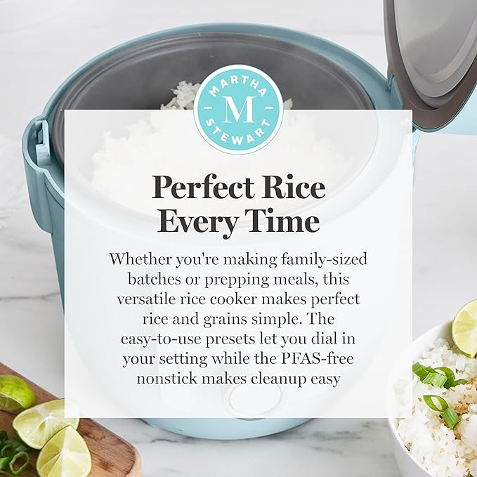 Martha Stewart Rice Cooker, 4 Cup (Uncooked) / 8 Cup (Cooked), Ceramic Non-Stick Removable Pot, Keep Warm, Measure Markings, Steam Basket, Brown & Sushi Rice, Quick Cook, Quinoa, Grains, Oats, Sky Blue