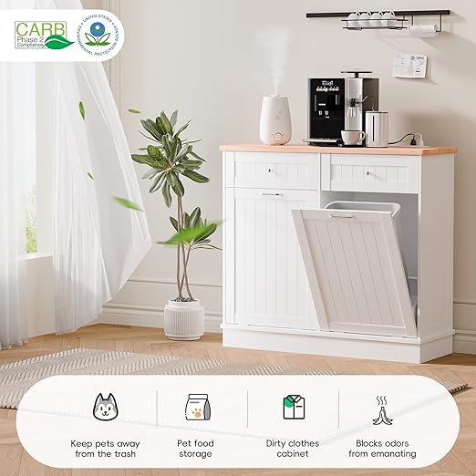 Betterhood Double Tilt Out Trash Cabinet with Power Outlet, 10 Gallon Trash Cabinet with Storage,Pet Proof Trash Can with 2 AC & USB Sockets for Kitchen,Living Room (White, Double Door)