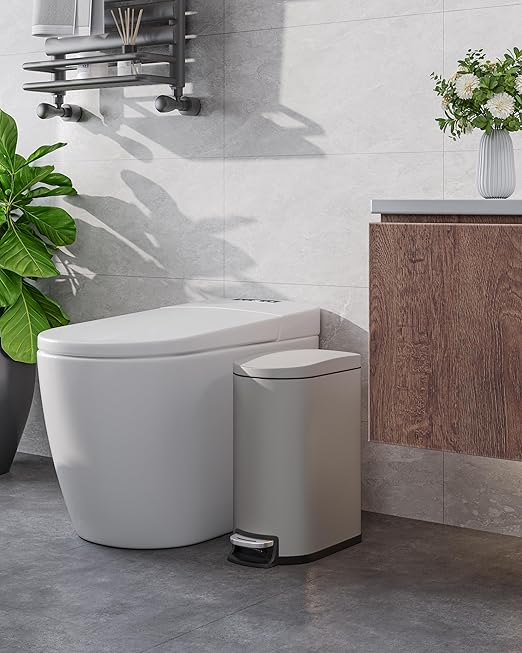 GarveeHome 2.6 Gallon Bathroom Trash Can, Space-Saving Slim Stainless Steel Step-On Garbage Bin with Soft Close Lid, Removable Inner Bucket for Bathroom & Bedroom,Grey
