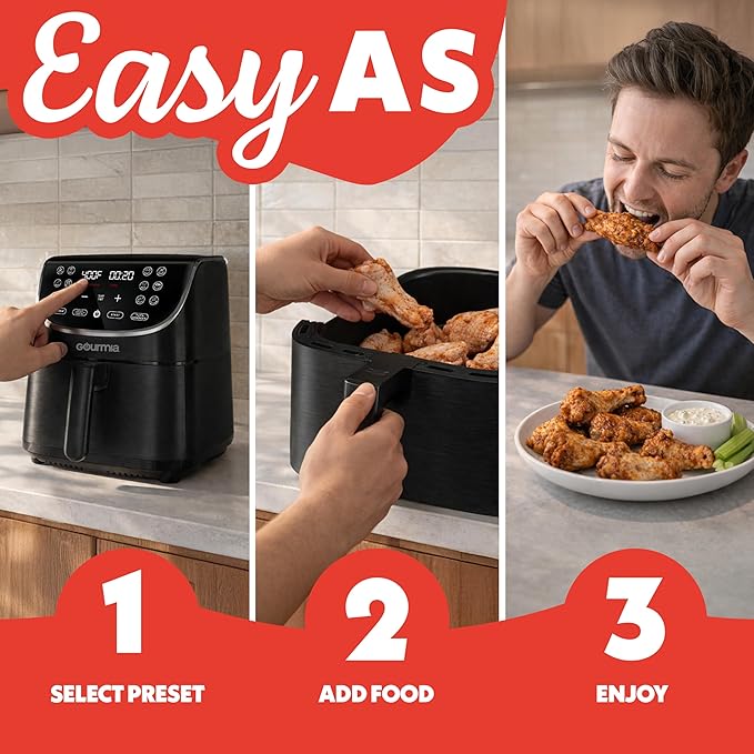 Gourmia Air Fryer - 7 Qt Large Capacity with LED Display, 12 One-Touch Presets, FryForce 360° Technology, Nonstick Dishwasher-Safe Basket & Crisper Tray, Black